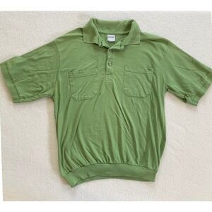 Haband Mens Large Banded Polo Shirt Green Short Sleeve Dual Pocket Cotton Retro